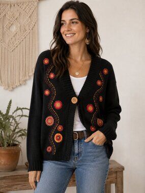 Timberlea Cardigan Sweater Medium Black Embroidered Cotton Ramie Blend Boho